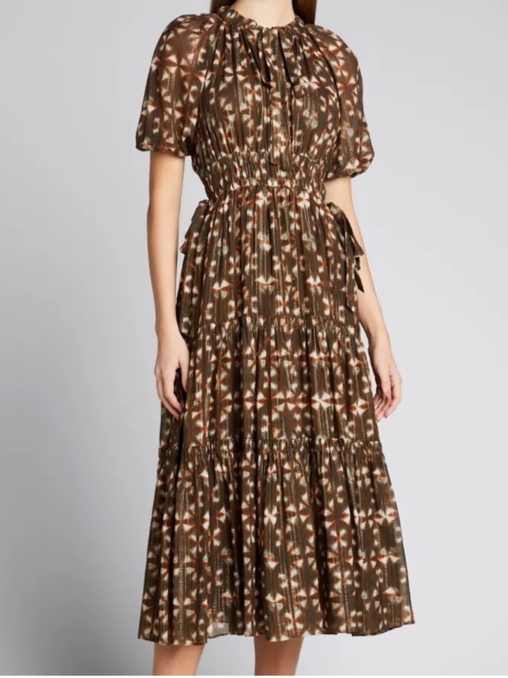 Ulla Johnson Tunis Midi Dress 100% Silk Olive Prism Metallic Puff Sleeve Size 4 - Picture 16 of 16